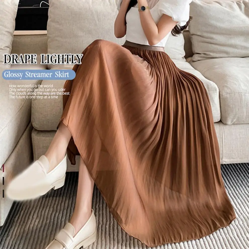 

Women Midi Skirt Gauze Pleated High Waist Loose Skirt Solid Color Elastic Waist Double Layers Lady Dating Skirt