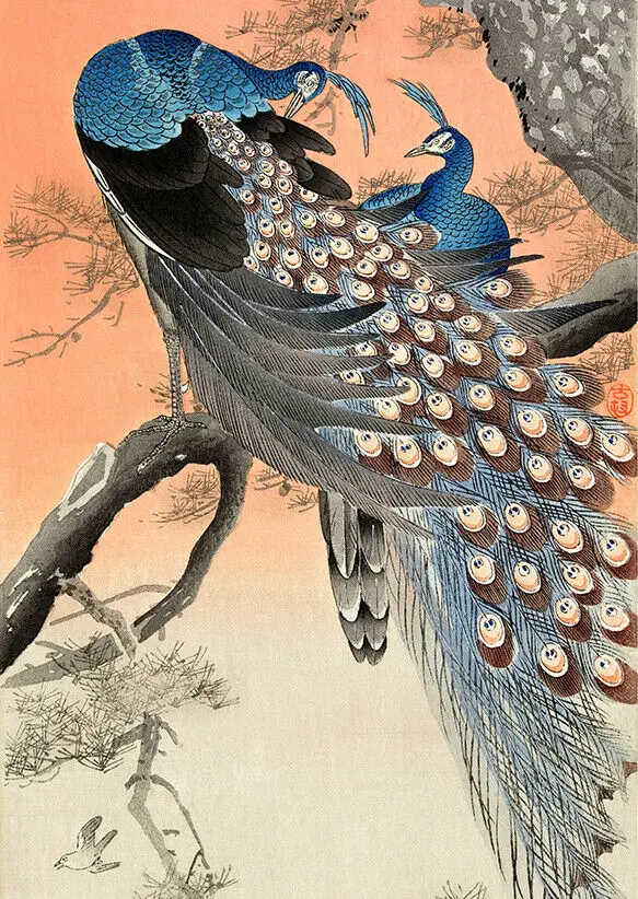 

Vintage Japanese wall art Two Peacocks Art Picture Print Silk Poster Home Wall Decor