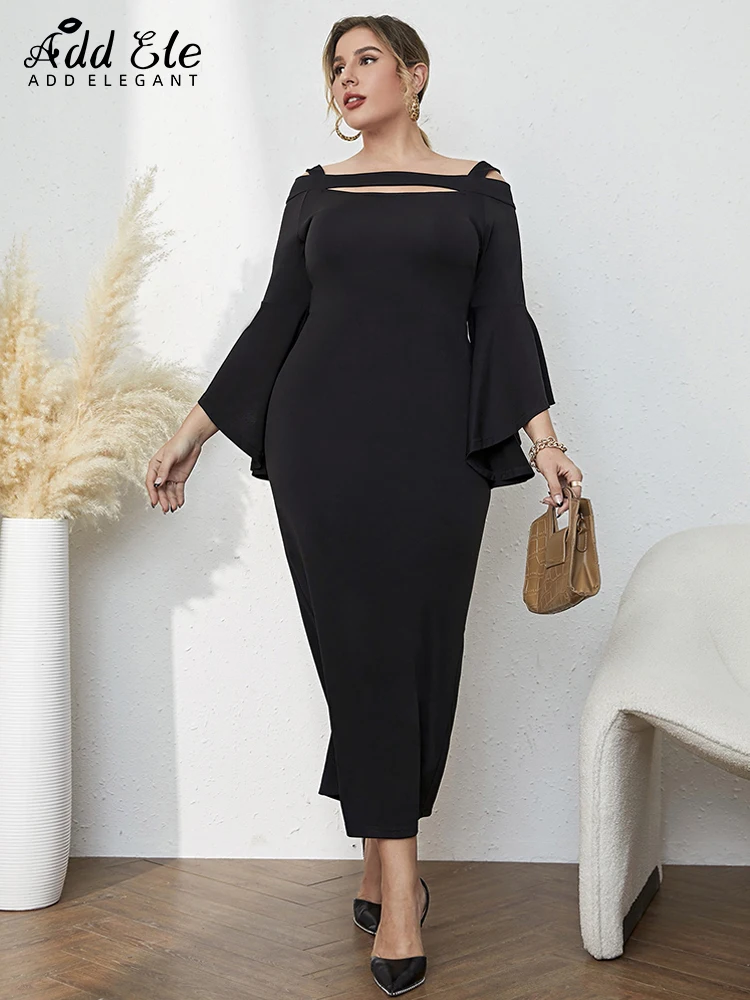 Add Elegant Plus Size Pencil Dress Women 2022 Fall Gentle Chest Design Slash Neck Stylish Long Flare Sleeve Loose Clothing B871