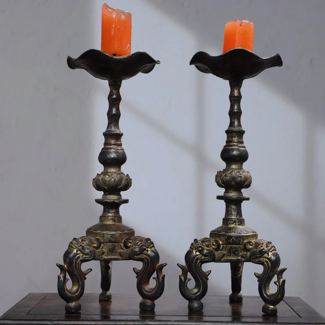 

14"Tibet Temple Collection Old Bronze Cinnabar Alluvial gold Three Beast Headed Feet Lotus flower Wax platform oil lamp A pair