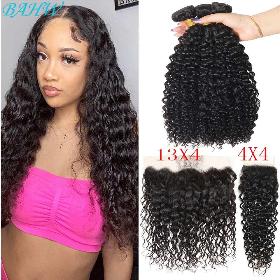 

Peruvian Water Wave Bundles With Frontal Wet and Wavy Curly 12A Human Hair Bundles with Closure 13x4 Lace Remy Hair Extensions