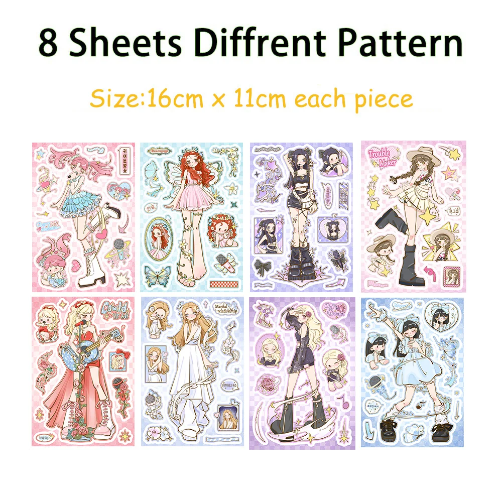 8/16 листов наклейки Девушка из мультфильма