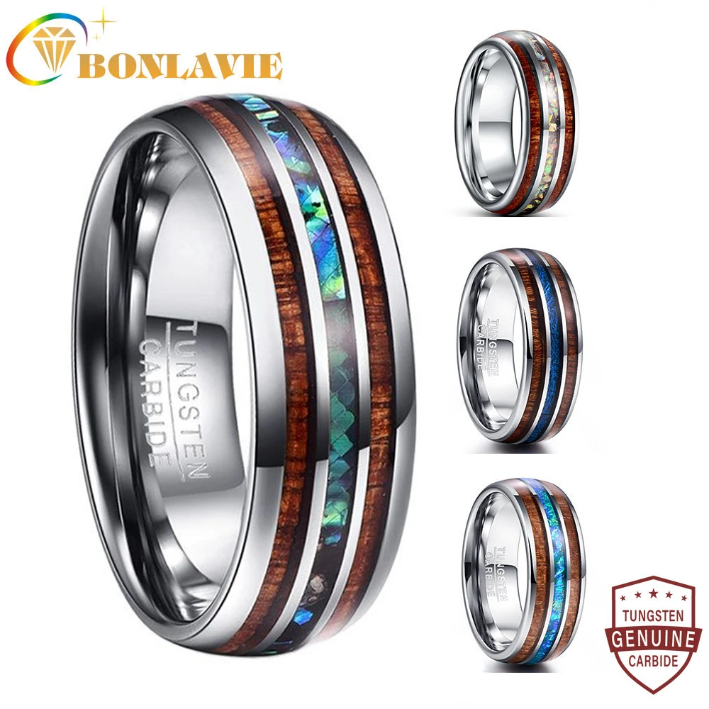 

BONLAVIE 8mm Width Hawaiian Koa Wood and Abalone Shell Tungsten Carbide Rings Wedding Bands for Men Comfort Fit Size 4-17