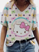 new 2022 hello kitty kawaii womens 3d printed t shirt v neck loose fashion t shirt short sleeve top