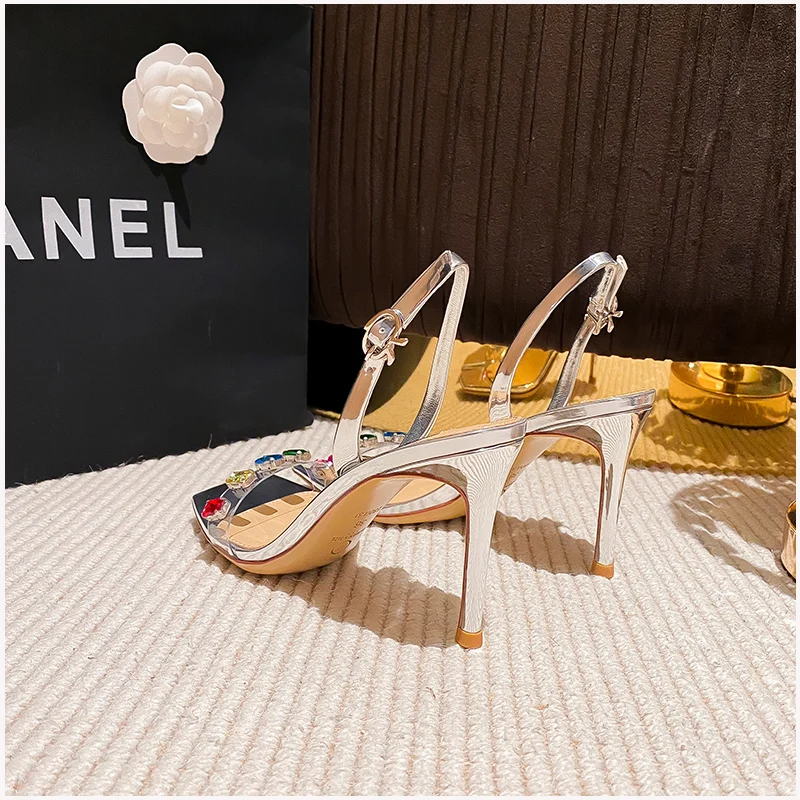 2023 Summer New Women's High Heels Sexy Women's Sandals One Button Rhinestone Pumps Roman Fashion Sandals Party Women's Shoes