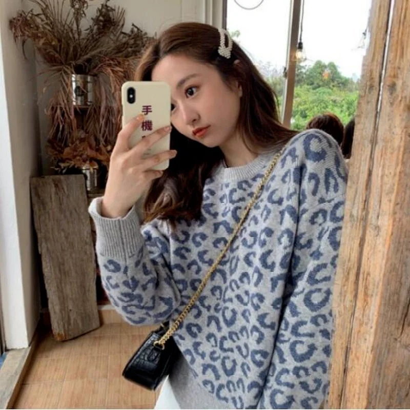 Женские пуловеры с леопардовым принтом в стиле преппи винтажном Харадзюку
