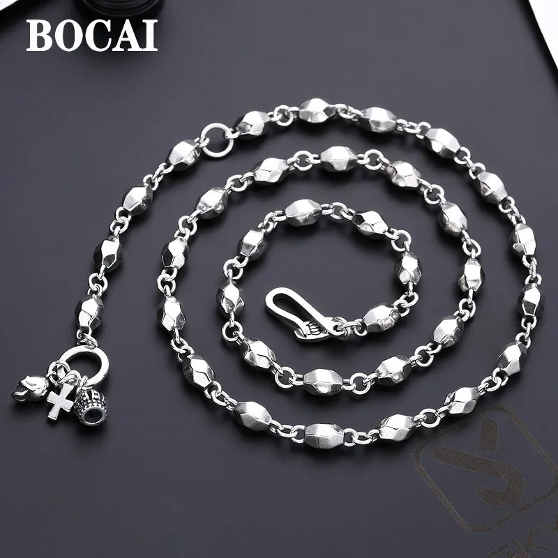 

BOCAI 100% Real Pure S925 Silver Necklace for Man and Woman Crown Cross Thick Skull Trendy Punk Jewelry