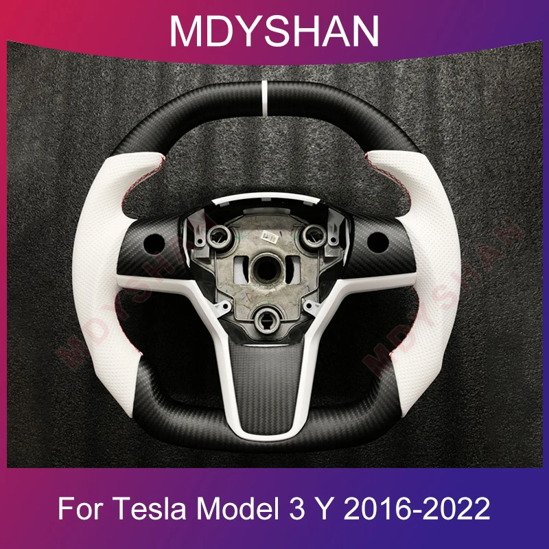 

White Perforated Leather Real Carbon Fiber Steering Wheel for Model 3 Model Y 2016 2017 2018 2019 2020 2021 2022 Customized