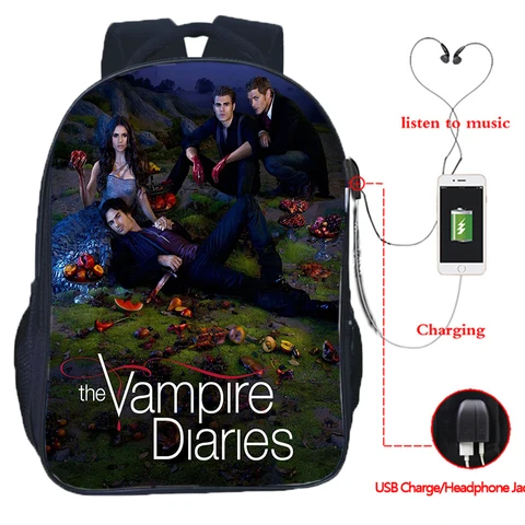 Дневники вампира USB большой емкости для подростков, косплей, школьная сумка Damon для студентов, мальчиков, дорожный рюкзак для ноутбука, детские сумки для книг