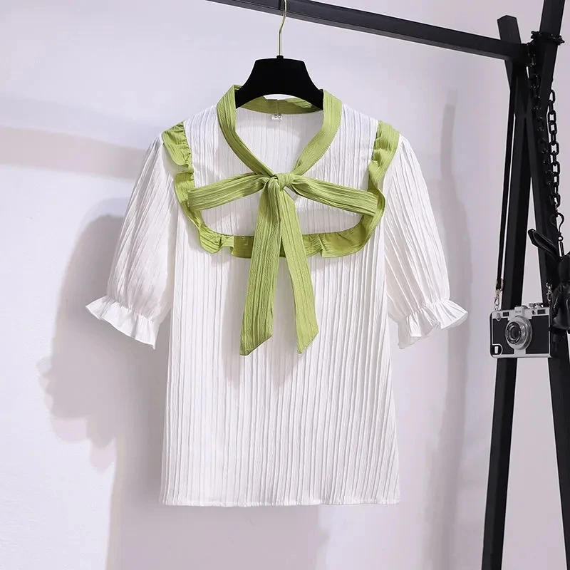 

Simple Korean Fashion Women Solid Color Ruffles Lace-up Bow V-Neck Chiffon T-Shirt Office Lady Clothing Cute Girl Vacation Shirt
