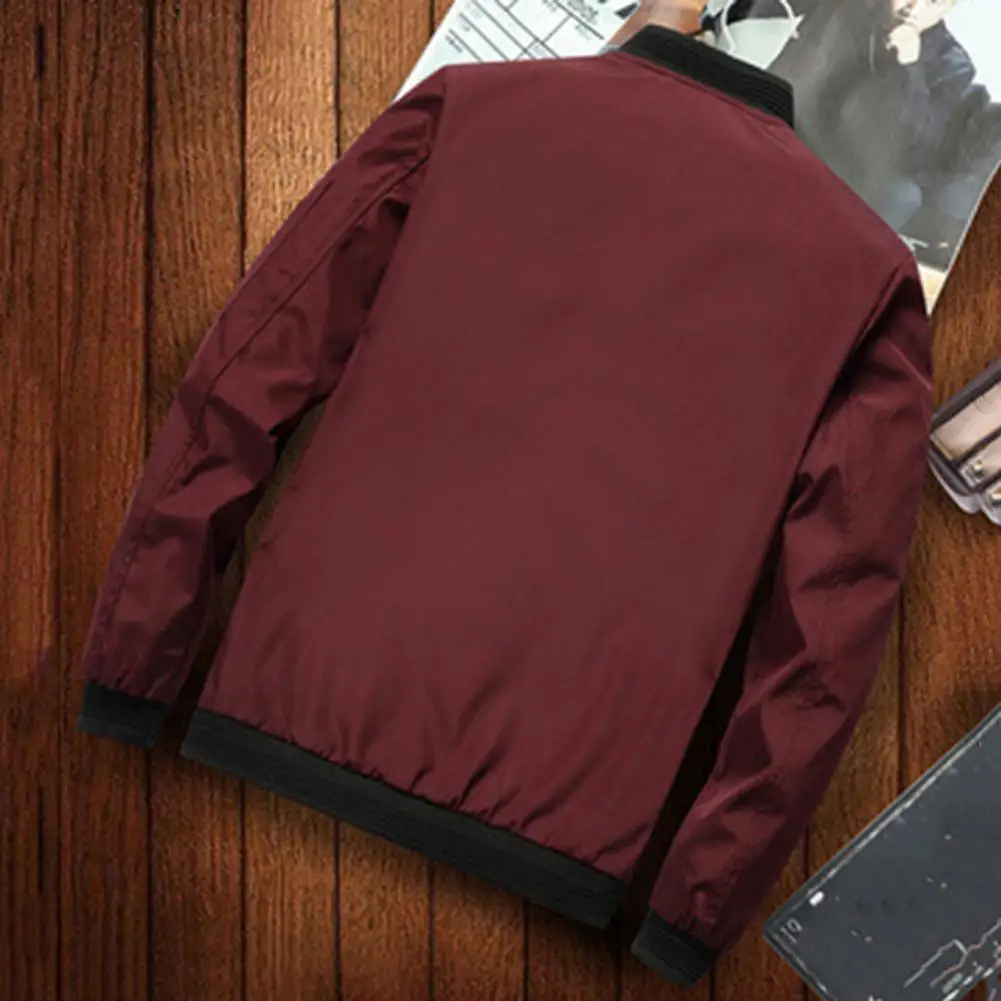 

Однотонная мужская куртка, гладкая тонкая однотонная мужская осенняя куртка с воротником-стойкой, эластичными манжетами на молнии