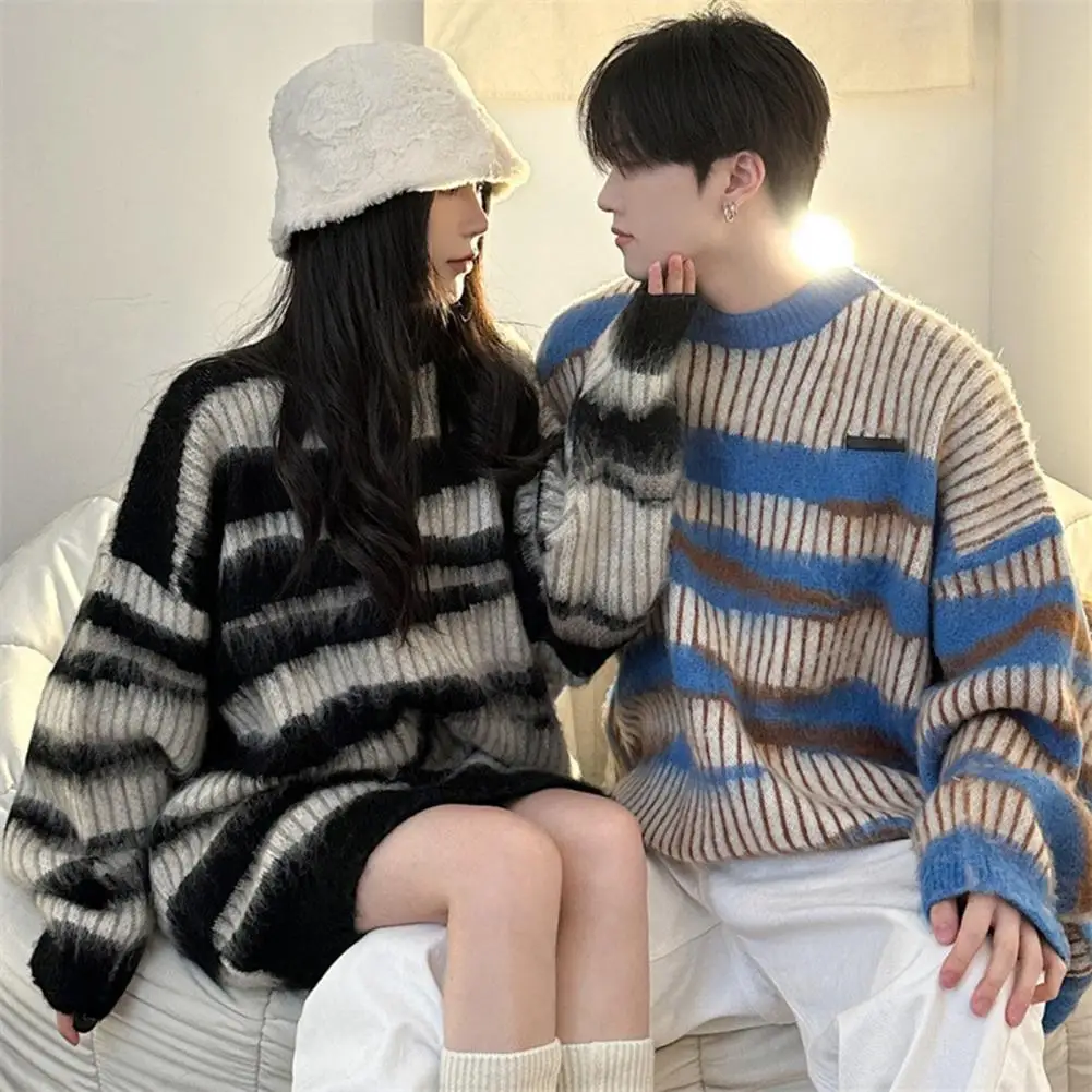 

Unisex Striped Sweater Top Winter Round Neck Long Sleeve Knitwear Thick Warm Couple Pullover Top Sweater