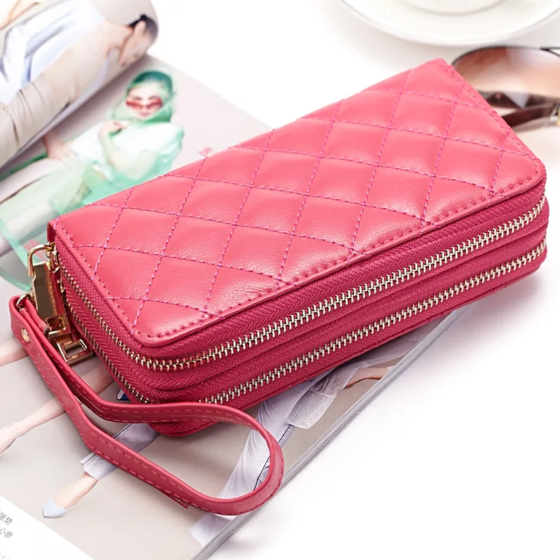 

2022 Fashion Double Zipper Ladies Leather Long Wallet Lingge Women's Wallet Clutch Bag Card Holder Coin Purse