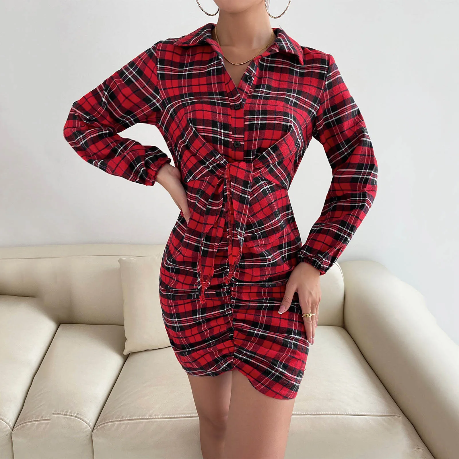 

Women Long Sleeve Plaid Pattern Tunic Tops Shirt Casual Dress Size 16 Casual Dresses for Women
