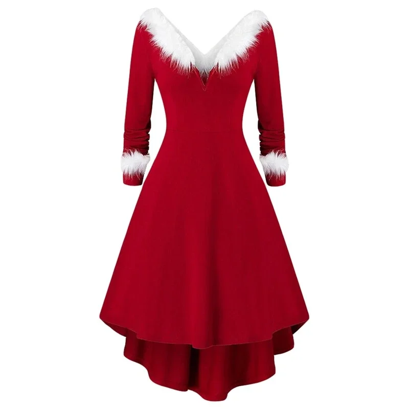 

Christmas Long-sleeved Dress Plush V-Neck Red Slim Fit Fashion Patchwork Xmas Women Party XXL