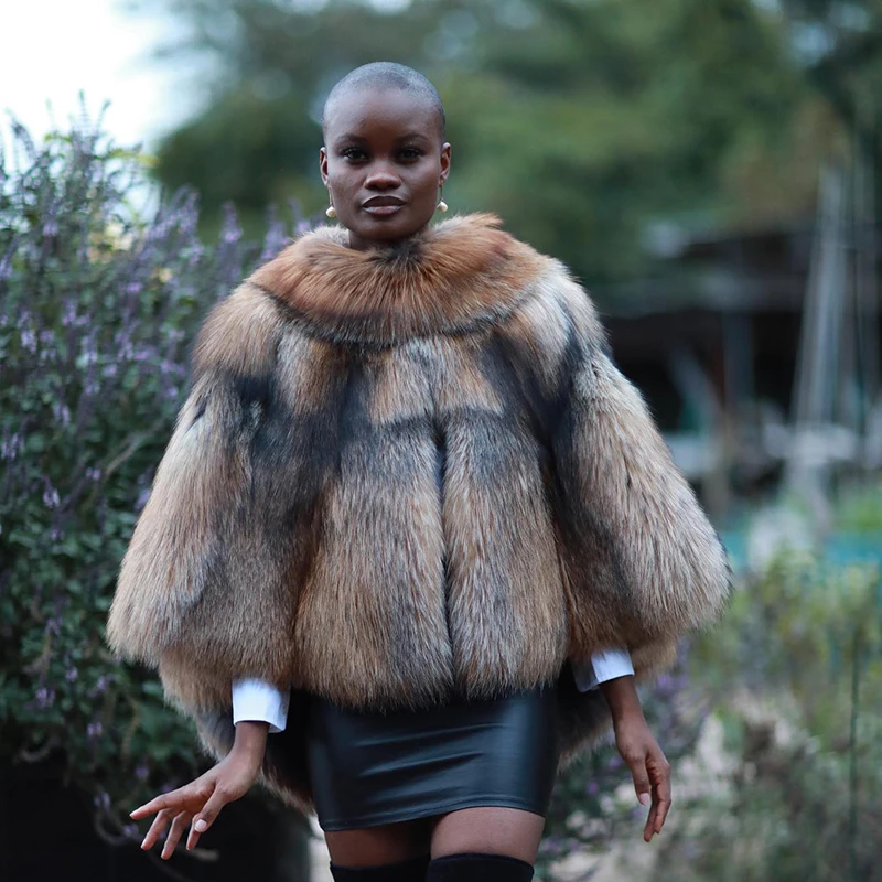 Natural Fox Fur Coat Woemn Cloak Bet Sleeve Outertwear Winter New Tide Warm Genuine Real Fox Whole Skin Fur Jacket Female