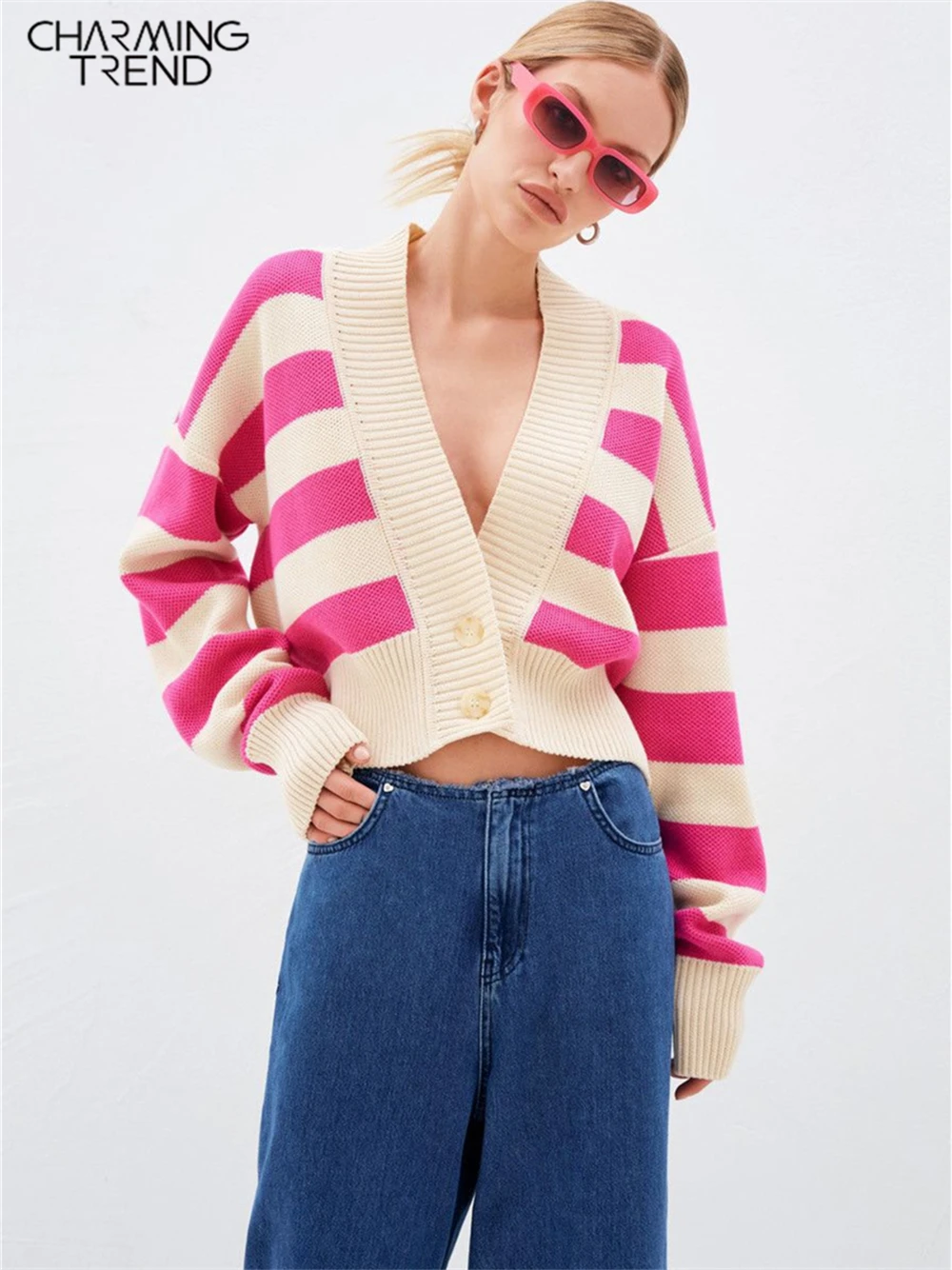 

Charmingtrend Winter Vintage Loose Sweaters Thicken Knitwear Pullovers Women Oversized Sweater Striped Top Sweaters Female