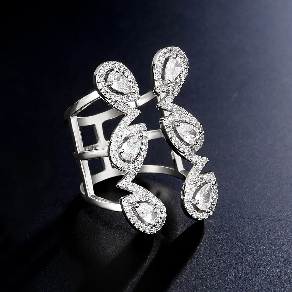 

RAKOL Large Open Adjustable Ring Water Drop Cubic Zirconia Crystal Rings for Women Fashion Luxury Party Jewelry Accessories