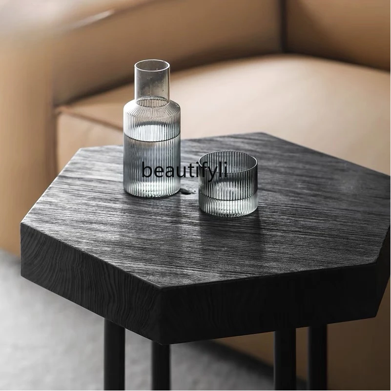 Скандинавский черный боковой столик из массива дерева 0 5 м японский шестигранный