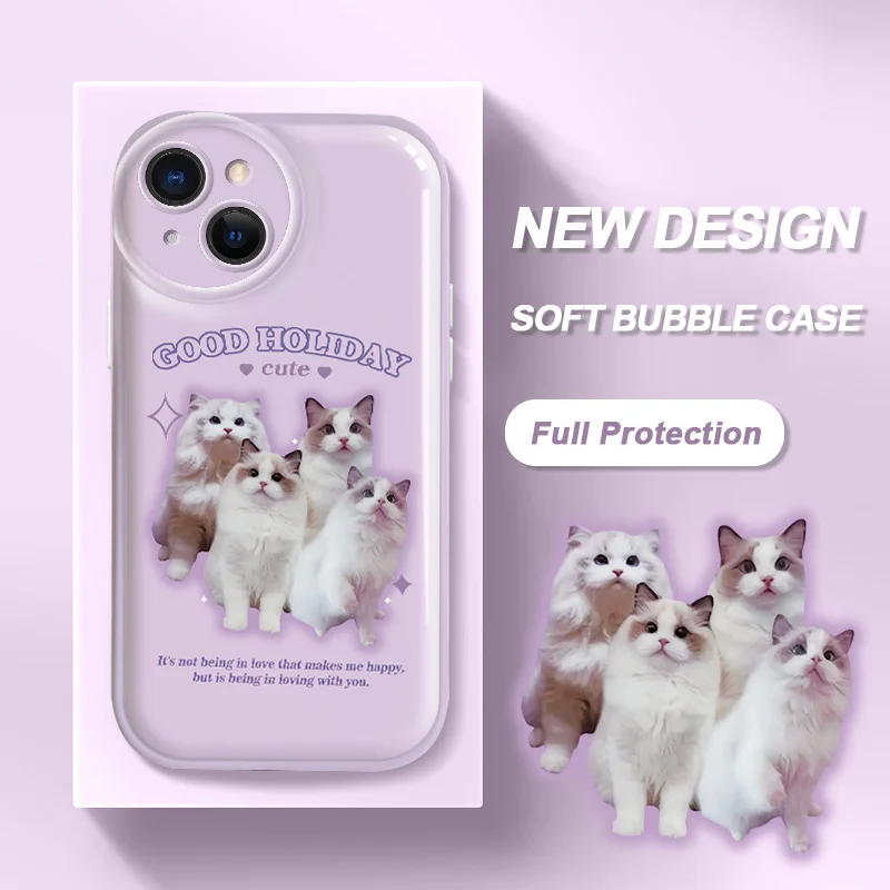 

For iPhone 14 11 12 13 Pro Max Mini 6 7 8 6S Plus SE2 SE3 X XS XS Max Case Cat Bubble Phone Case Glossy Air Cushion Cover