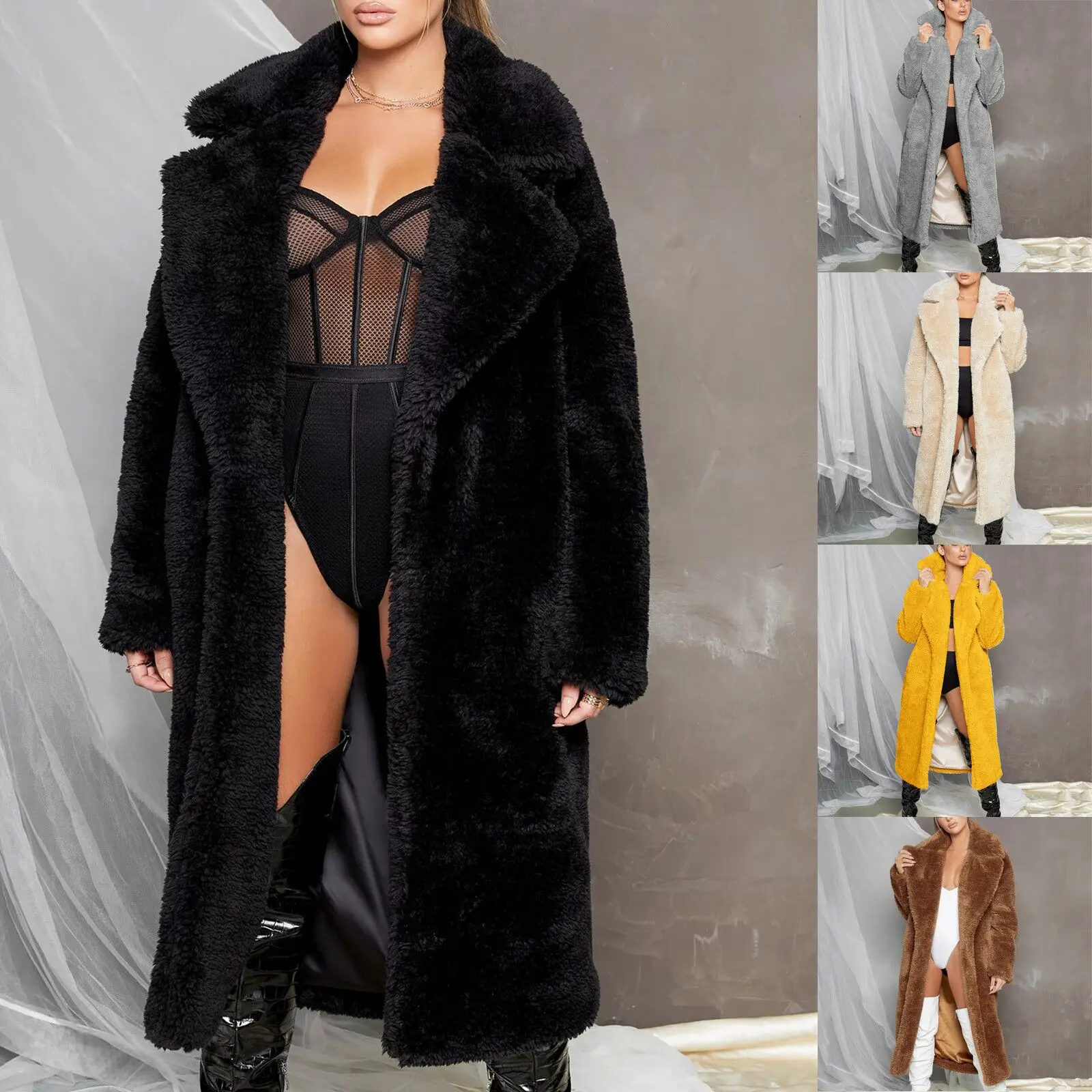 2022 Winter New Women's Clothing Lapel Waist Imitation Lamb Wool Simple Solid Color Long Imitation Fur Coat Free Shipping