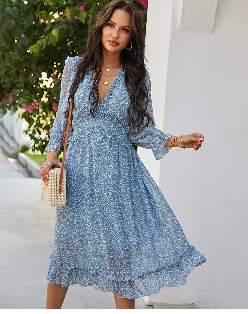 

Spring Vacation Butterfly Long Sleeve Casual Print Dresses Women Summer Chiffon Office Dress Sexy V Neck Floral Elegant Dress
