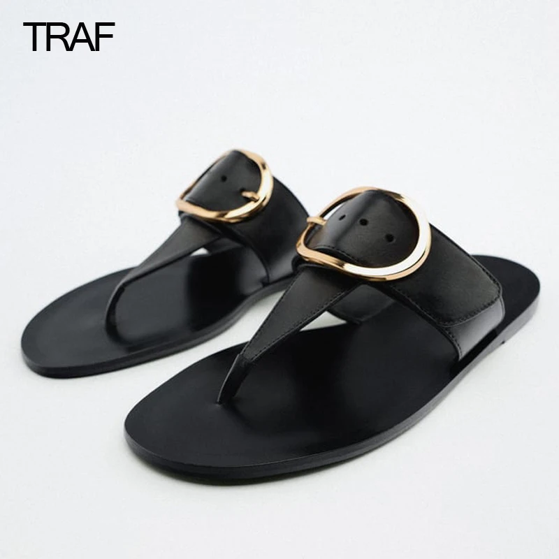 

TRAF Ladies Slippers and Sandals Flip flops Flat Shoes Woman Spring Summer 2022 Luxury Flat Sandals Leather Women's Flat-heeled