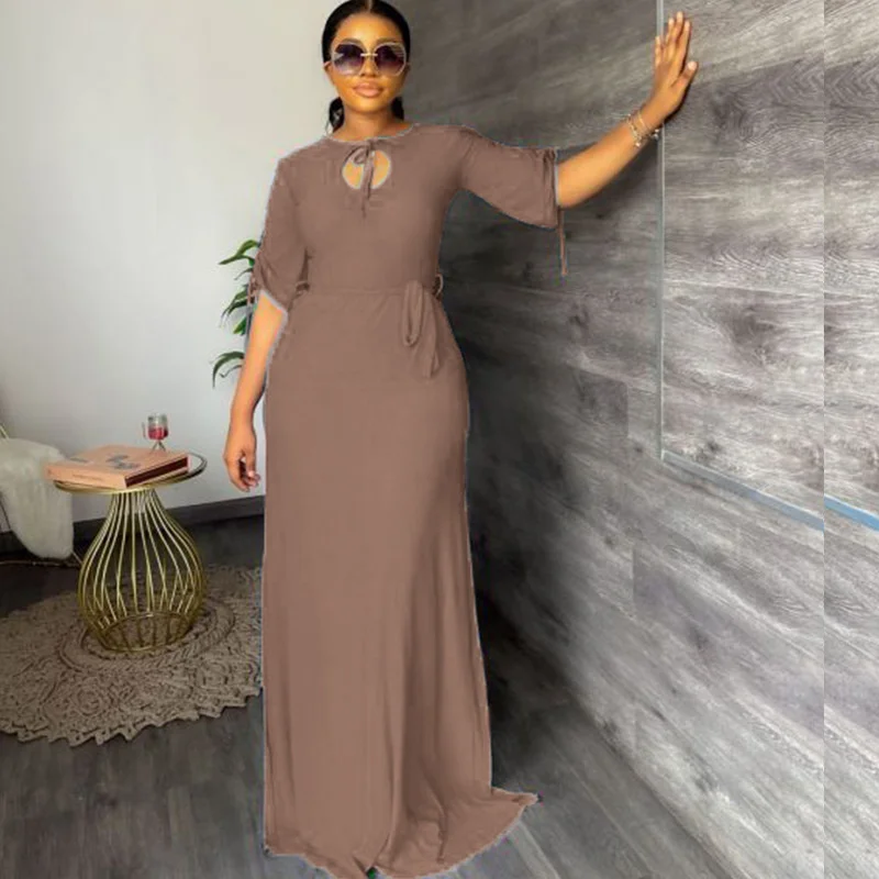

2023 Summer Fashion New Women's Dress Solid Color Tunneled Waist Pleated Lace-up 5/4 Sleeves Elegant Slim Fit Dress