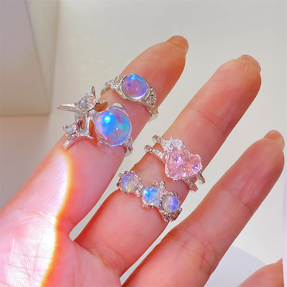 

Kpop Crystal Heart Metal Ring For Women Girl Retro Gothic Silver Color Irregular Open Ring Y2k Zircon Punk Geometry Ring Jewelry