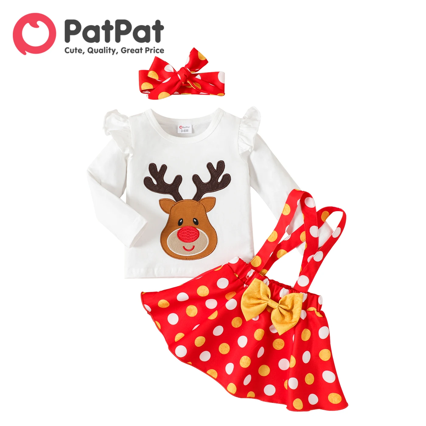 

PatPat Christmas 3pcs Baby Girl 95% Cotton Ruffle Long-sleeve Deer Embroidered Tee Polka Dot Suspender Skirt with Headband Set
