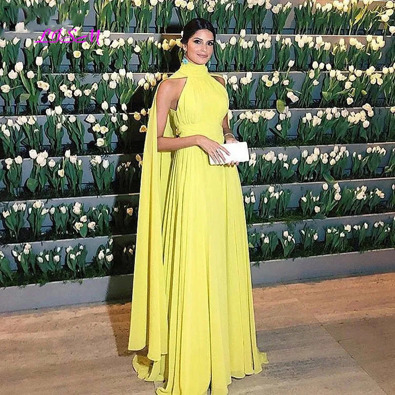 

Dubai Evening Dress Women Elegant Chiffon Ruched High Neck Cape Yellow Formal Dress 2022 Prom Vestido Longo Festa