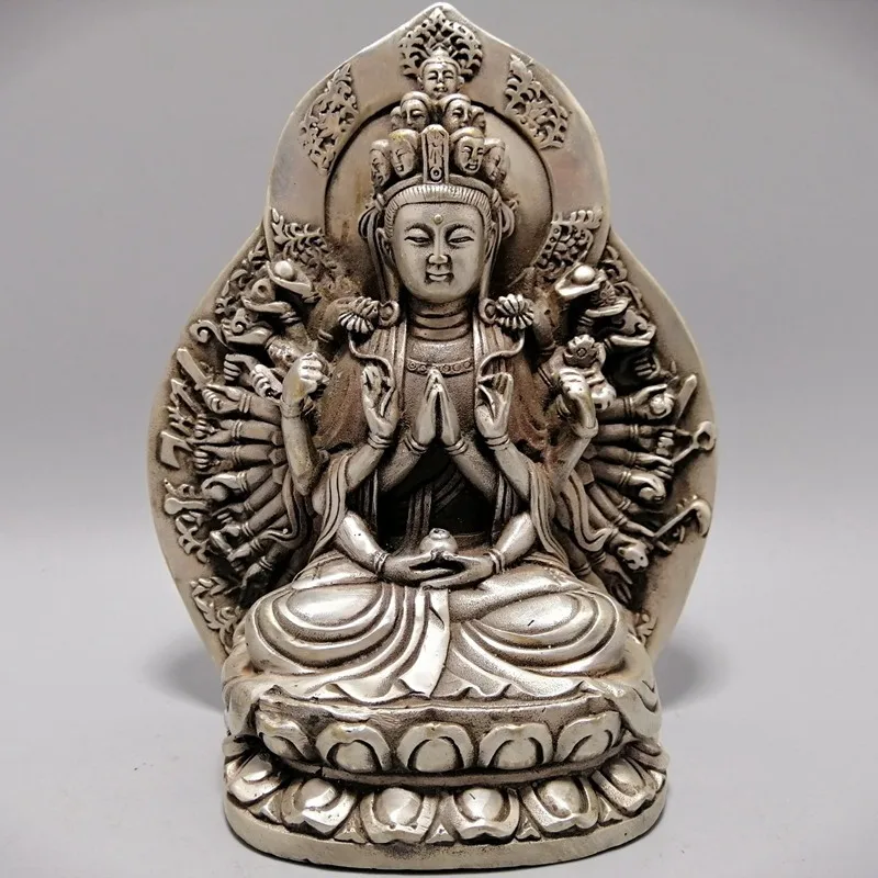 

Китайская статуя из белой меди, латуни, сидящий Лотос, тысяча рук, Будда Гуаньинь, домашний декор, ремесла