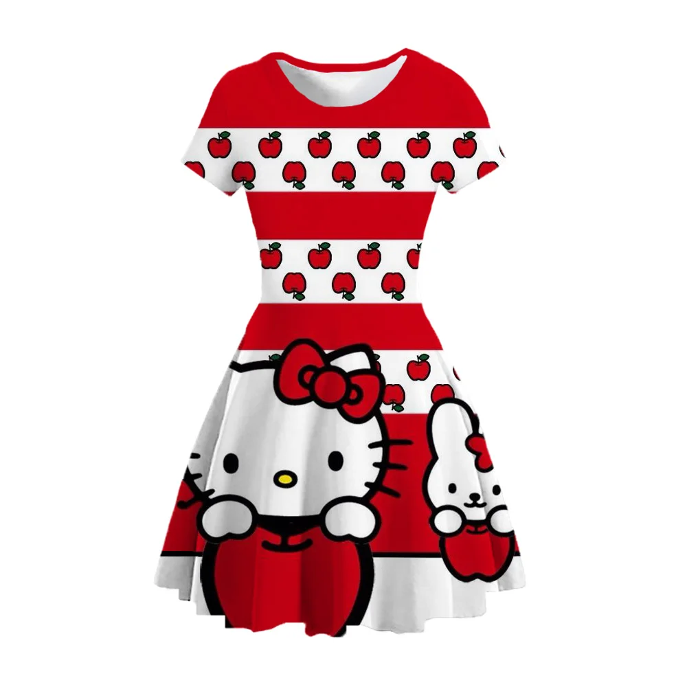 

Girls' sexy short sleeved puffy dress fashion party dress O-neck sleeveless Bodycon HELLO KITTY printed casual dress 2023