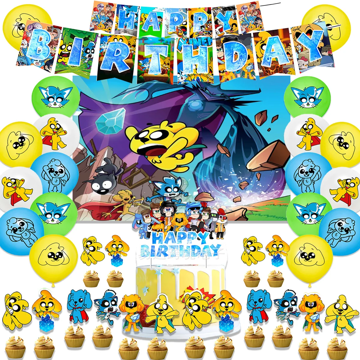 Cartoon Mikecrack Theme Birthday Party Supplies Decorative Balloon Banner Backdrop Cake Topper Kids Baby Shower Gifts