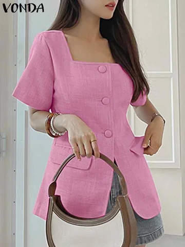 Women Elegant Blouse 2023 VONDA Vintage Short Sleeve Shirts Female Blouse Csual Buttons Up Square Collar Tops Oversized Blusas