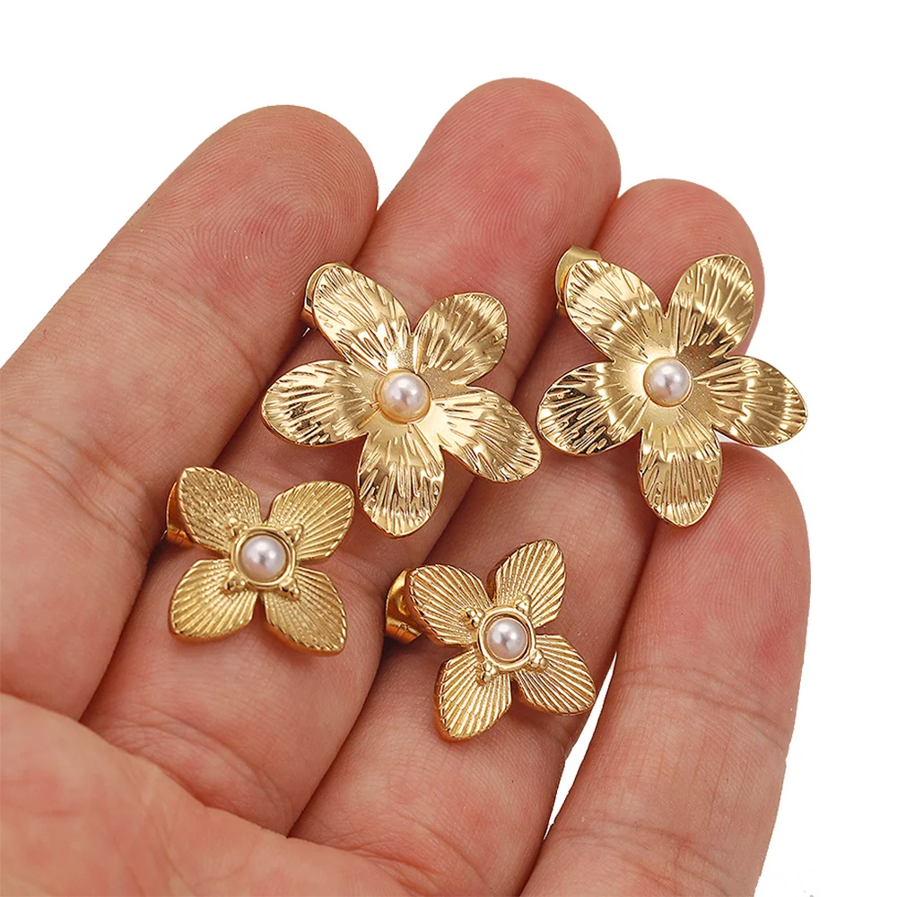 4PCS Newest Stainless Steel Pearl Flower Stud Earring Posts with Hole 18K Gold Tone for DIY Earrings Jewelry Making Supplies images - 6