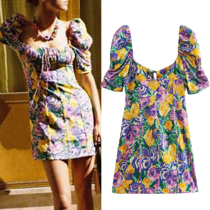 

KJMYYX Women Fashion With Tied Floral Print Mini Dress Vintage Puff Sleeves Back Zipper Female Dresses Vestidos Mujer