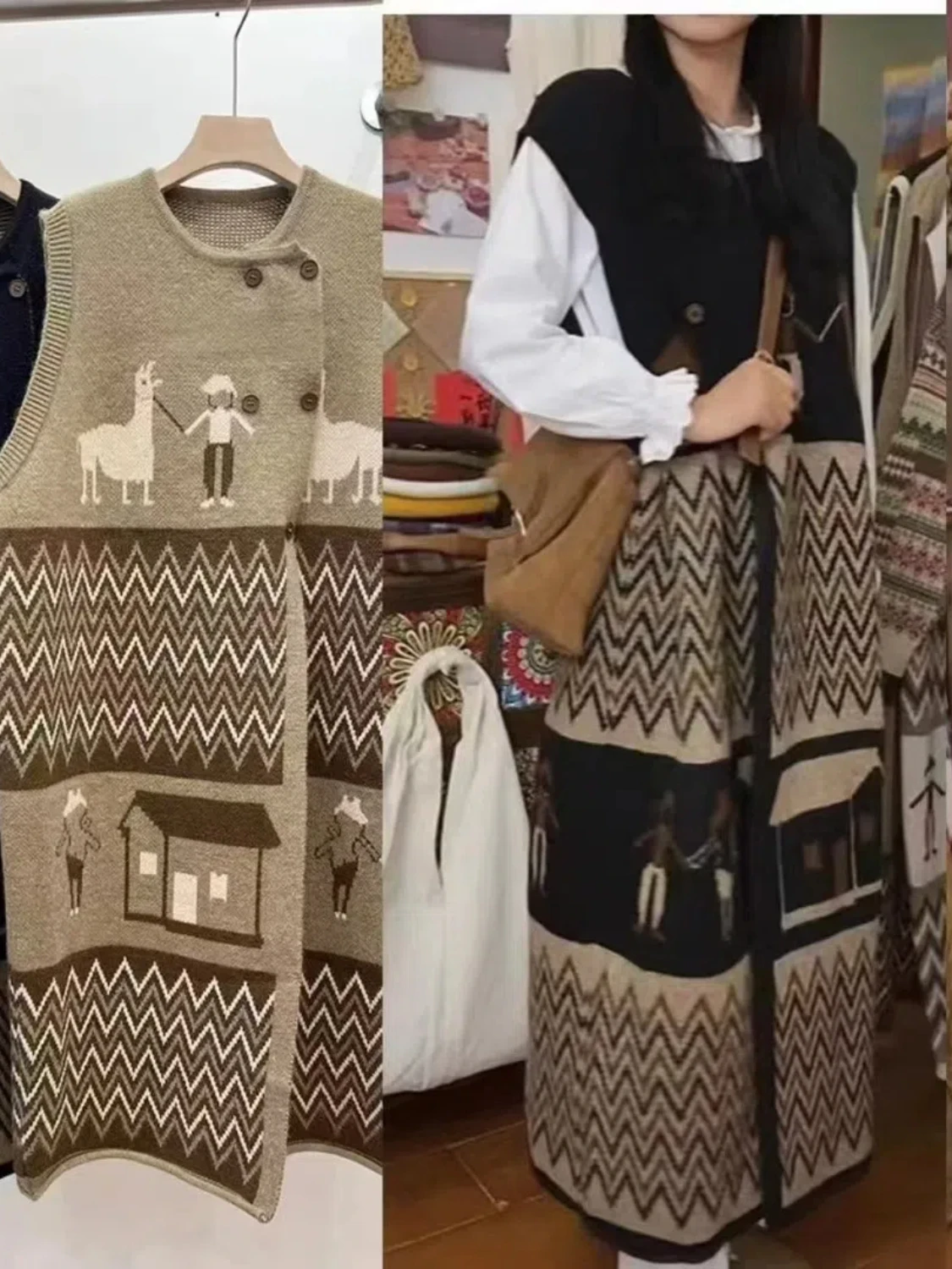 Японский винтажный вязаный свитер средней длины жилет юбка женский новый