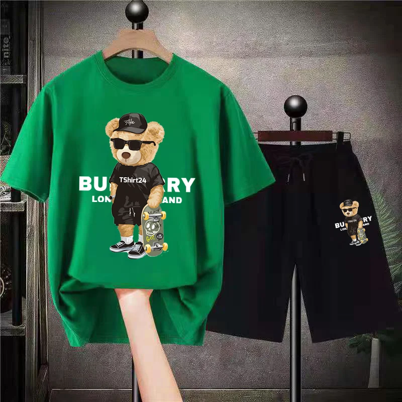 Summer Casual Cotton Oversized Suit Men's Cartoon Short Sleeve T-shirt Personality Men's One Set Of Street Trend Shorts Sports T