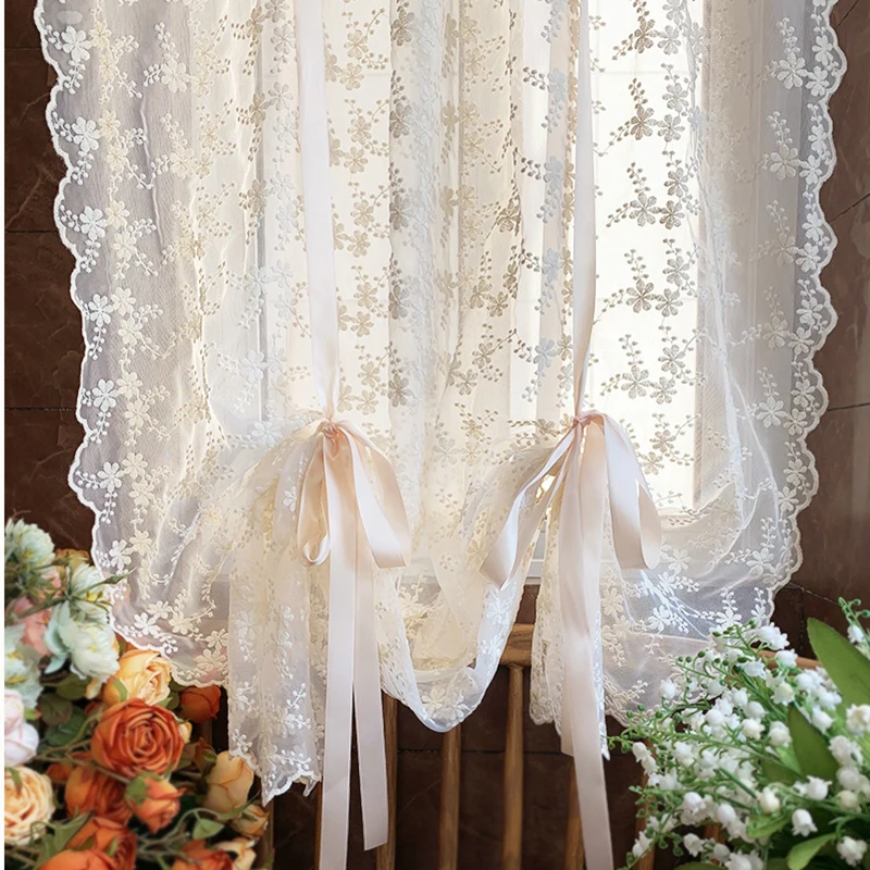 

Short Kitchen Curtain French Window Treatment Tie up Balloon Home Textile Sheer Panel Tulle Beige Embroidered Lace