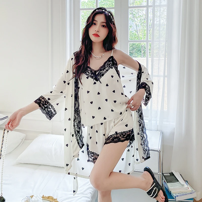 

Three-piece Sexy Lace Suspender Suit Nightgown Summer Robe Suit Sexy Pyjamas Female Robe Shirt Lingerie Sleepwear