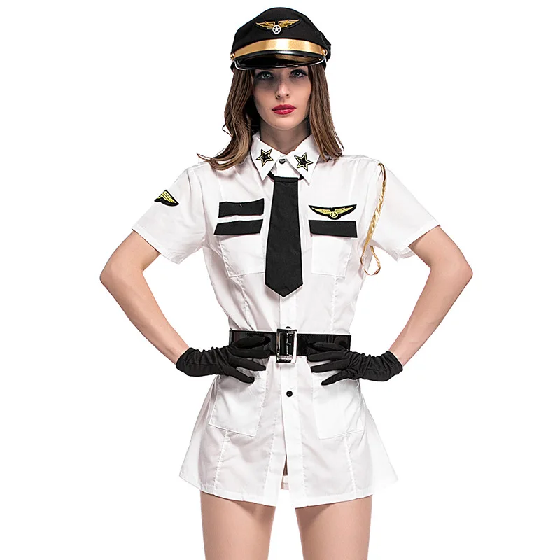 

Adult Women Space Suit Astronaut Pilot Uniform Dress Belt Necktie Hat Set Halloween Cosplay Costumes Role Play Outfit