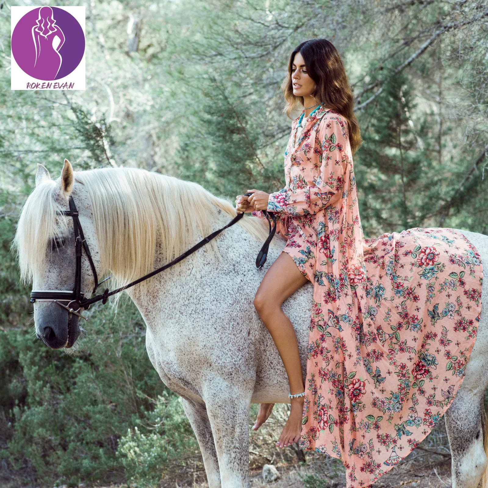 

2022 Women Dress Boho Long Sleeve Retro Print European Fashion Vestido Feminino Vintage Regular Long Blouse