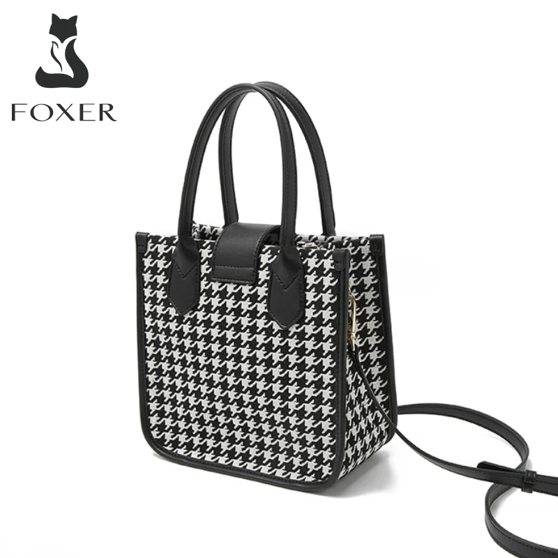FOXER Female PU Leather Bucket Handbag Lady Houndstooth Commuter Shoulder Crossbody Bag For Women's Large-Capacity Messenger Bag