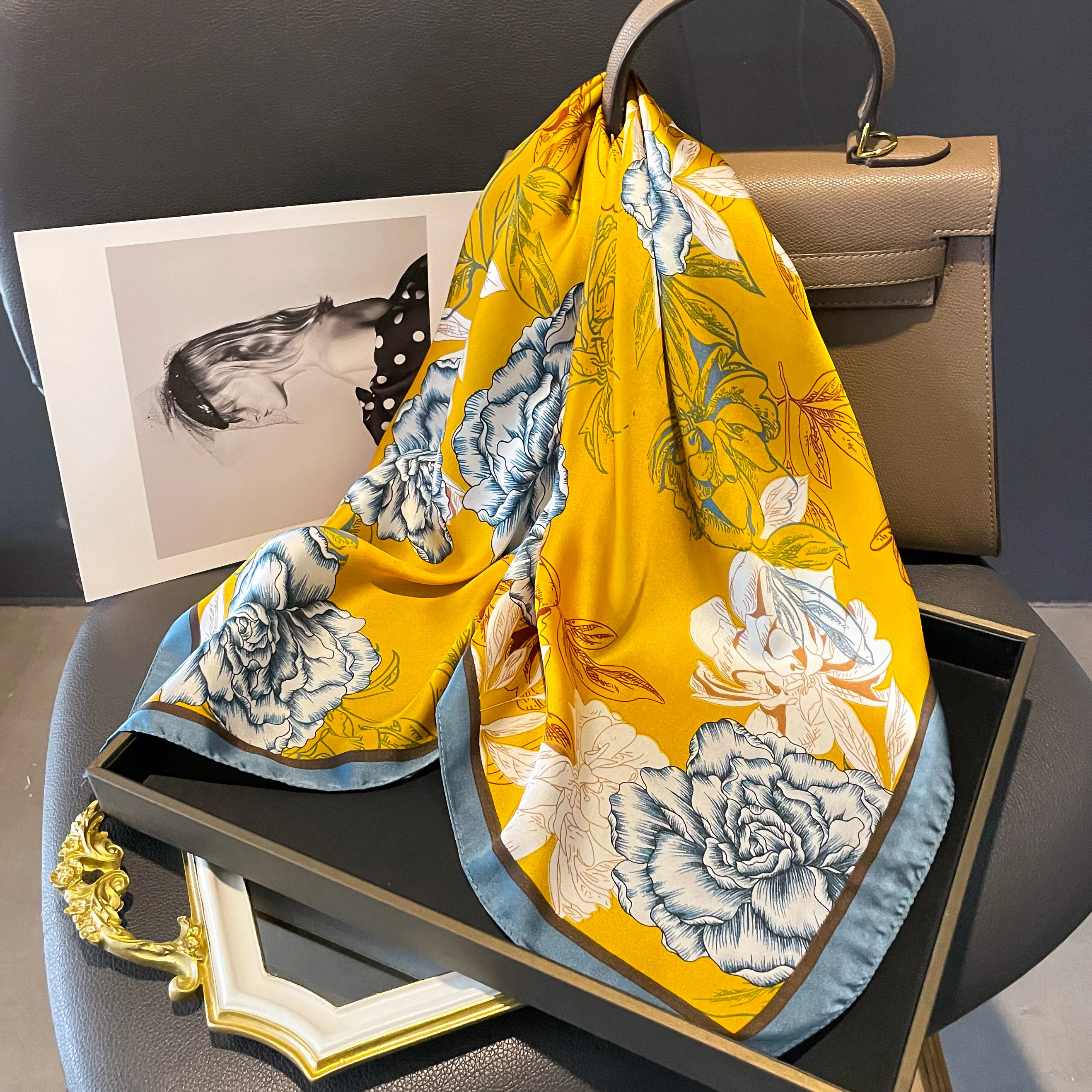 Женский Шелковый Шарф С Цветочным Принтом Квадратный Модный Головной Убор Шаль