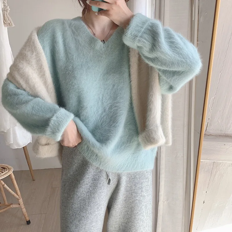 

Kpop Faux Mink Sweater Fur Pullover V Neck Sweater Autumn Winter Long Sleeve Loose Jumper Lady Solid Color Hairy Knitting Top