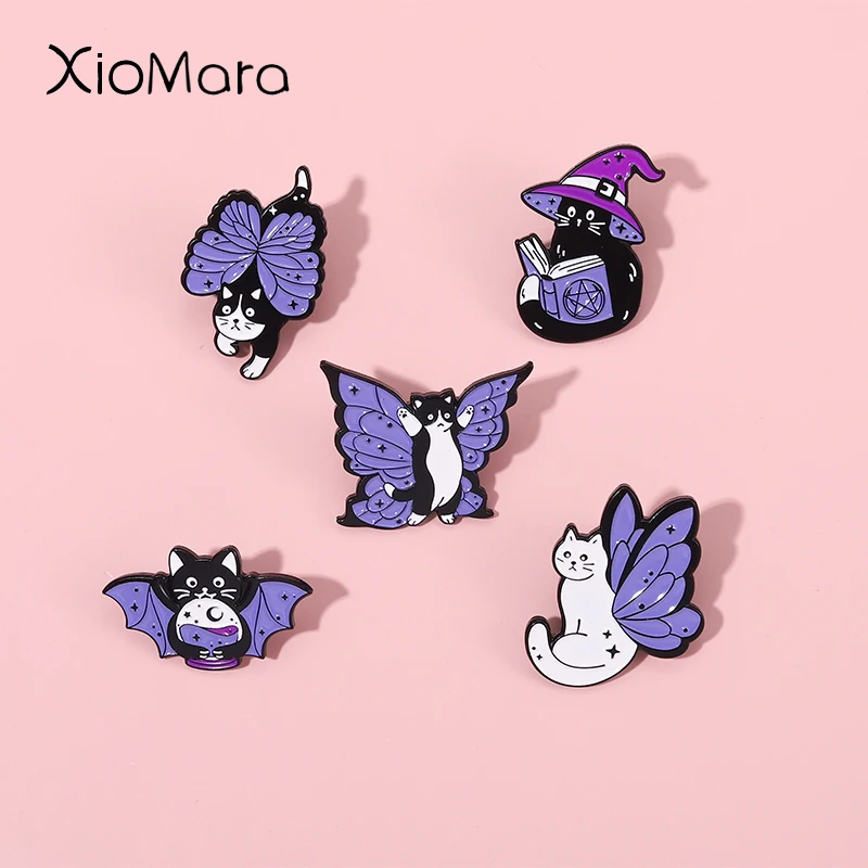 

Punk Butterfly Cats Enamel Pin Crystal Ball Magic Witch Brooches Insect Animal Combine Lapel Badges Jewelry Gift For Best Friend