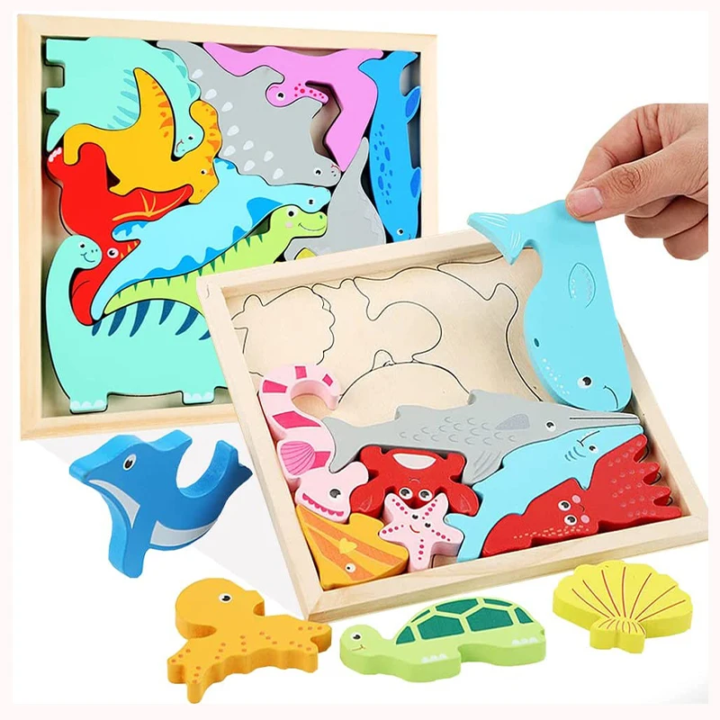 Kids Wooden Jigsaw Puzzle Toddler Montessori Toys  Animal Stacking Blocks with Board Learning Educational for Pre-Schoolers