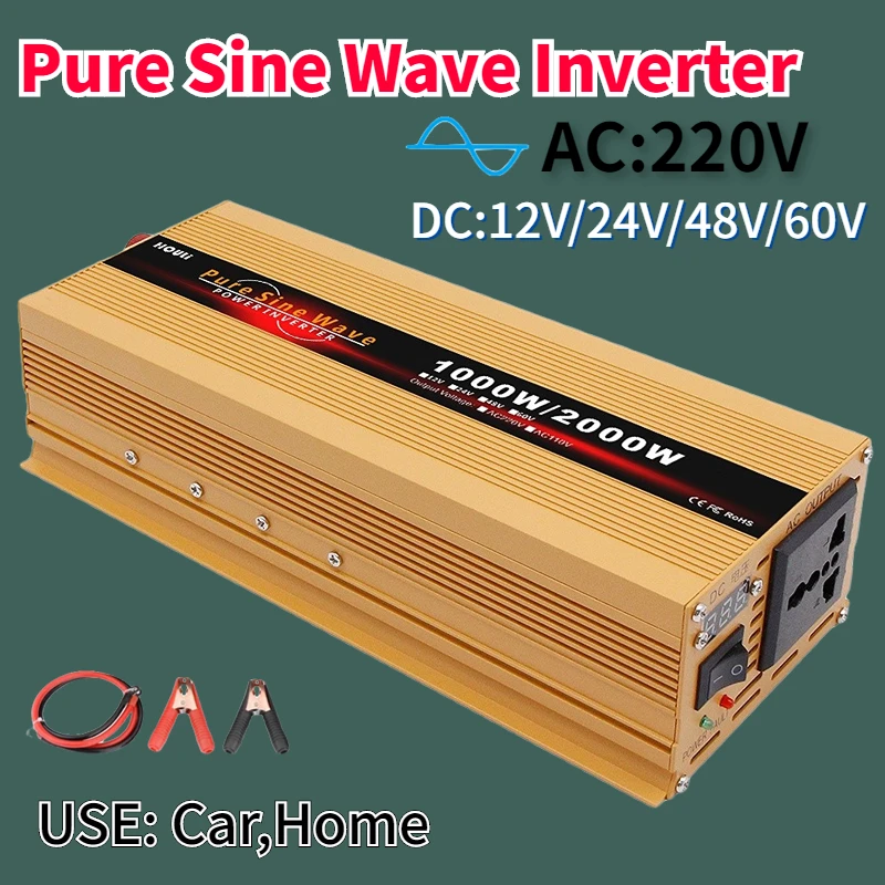 

Power Inverter 2000W Car Pure Sine Wave LED Display DC 12V 24V 48V 60V To AC 220V Solar Auto Accessory Transformer RV Converter