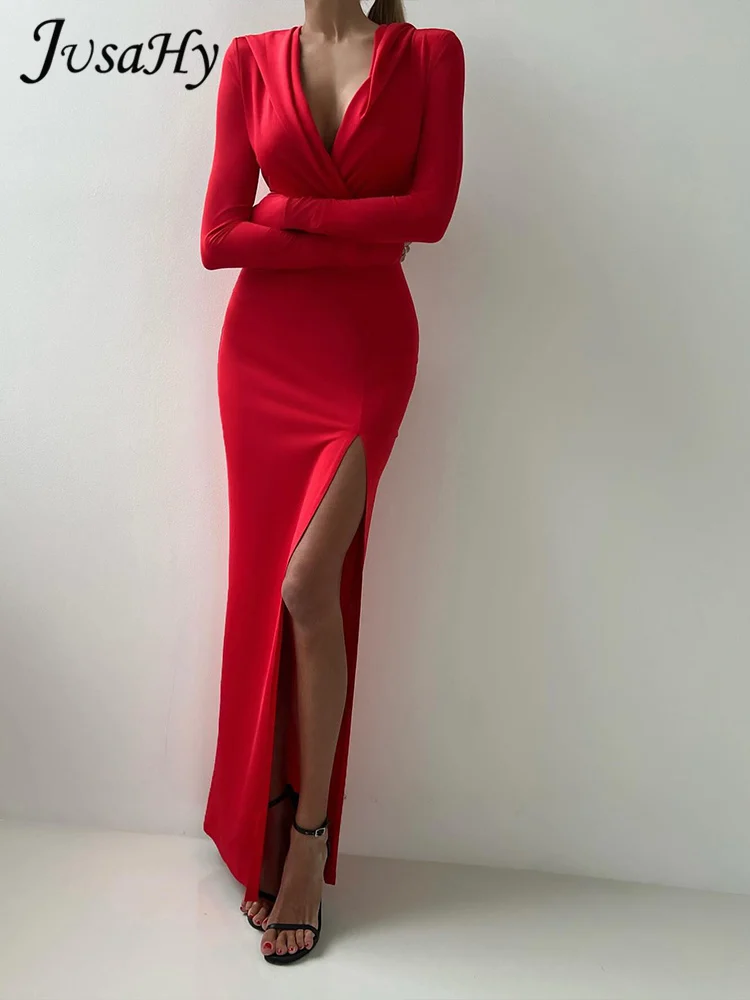 Платье летнее однотонное до щиколотки с капюшоном и длинным рукавом